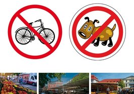 Plakat Keine Hunde und Fahrräder auf dem Wochenmarkt. Bild: Stadt Oldenburg