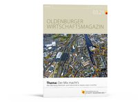 Titelfoto Oldenburger Wirtschaftsmagazin 3.21: Luftaufnahme des Bereichs Bahnhof und Hafen in Oldenburg. Foto: Möwenblick